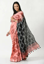 Mominos Fashion Moeza Gajari & Black Bhagalpuri Handloom Ikat Pure Cotton Saree with unstitched Blouse piece | Grocsy