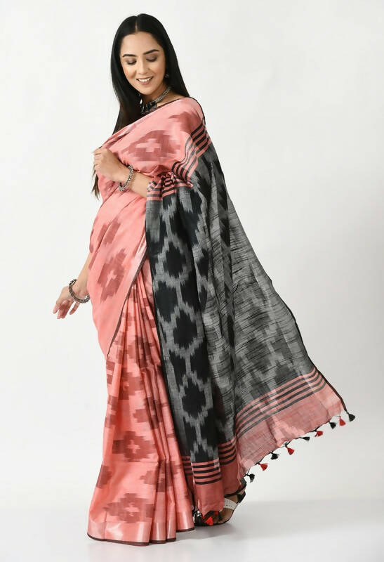 Mominos Fashion Moeza Gajari & Black Bhagalpuri Handloom Ikat Pure Cotton Saree with unstitched Blouse piece | Grocsy