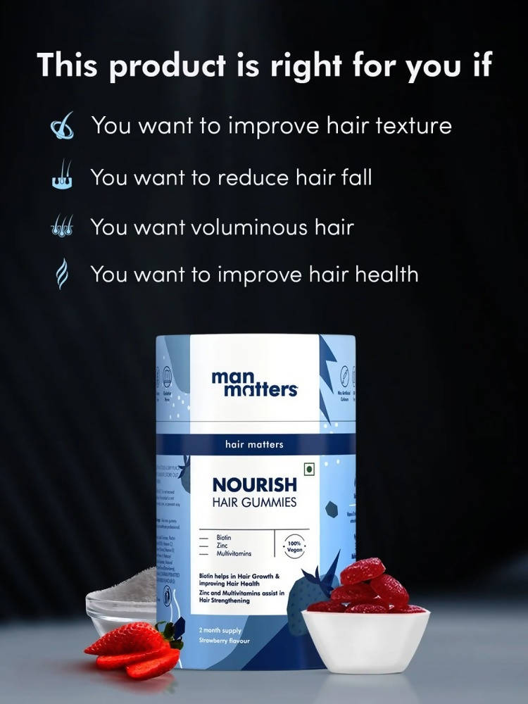 Man Matters Biotin Nourish Hair Gummies With Multivitamins (Sugar Free) - Strawberry Flavor With Zinc & Multivitamins | Grocsy