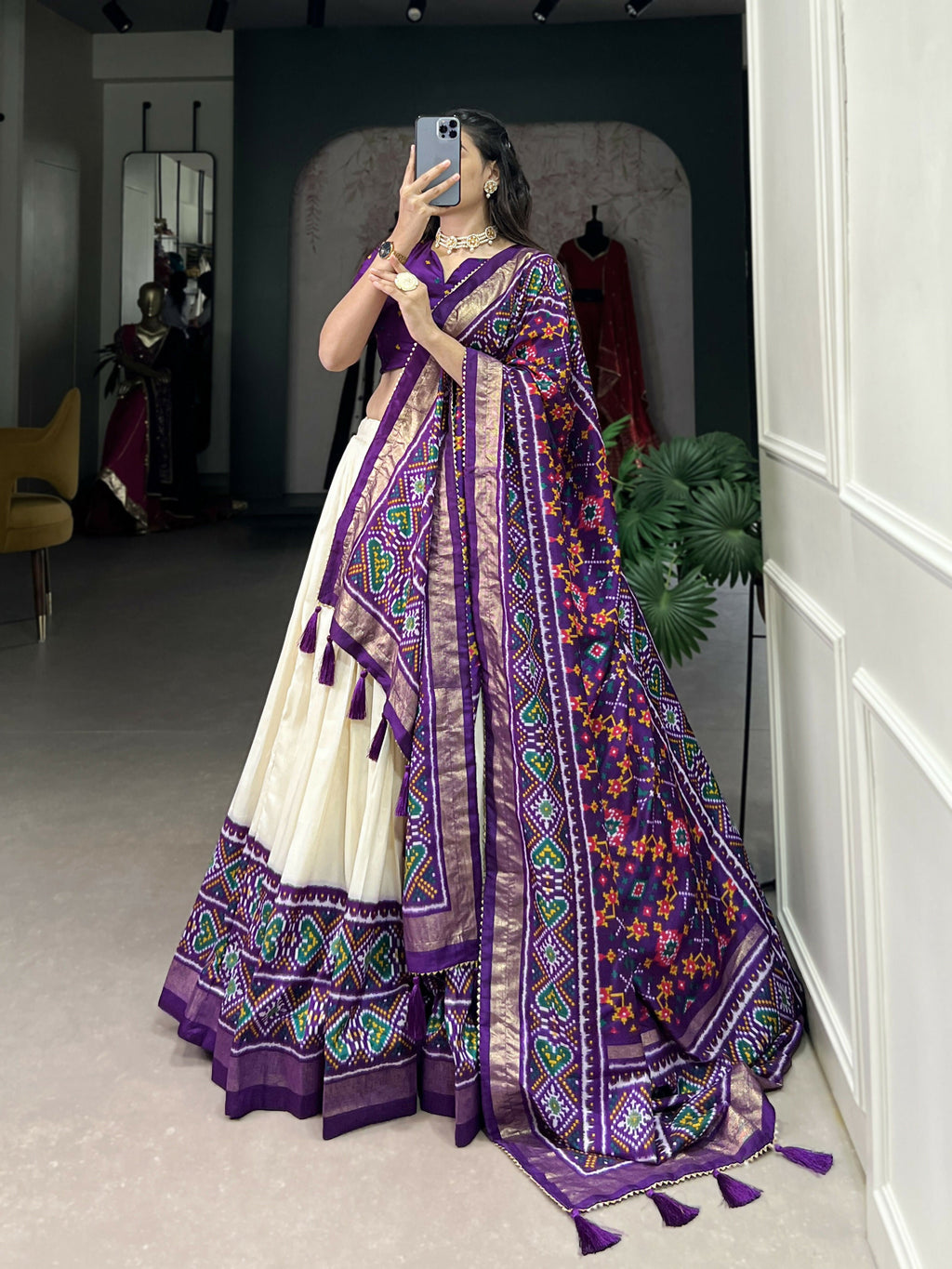 Lorenvalley Offwhite and Purple Tussar Silk Patola Print Lehenga Choli | Grocsy