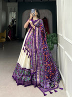 Lorenvalley Offwhite and Purple Tussar Silk Patola Print Lehenga Choli | Grocsy
