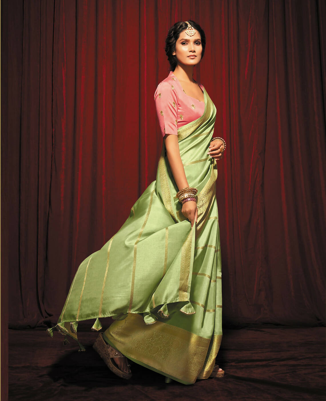 Green Silk Striped Pattren Saree With Unstitched Blouse Piece - Zyanya | Grocsy