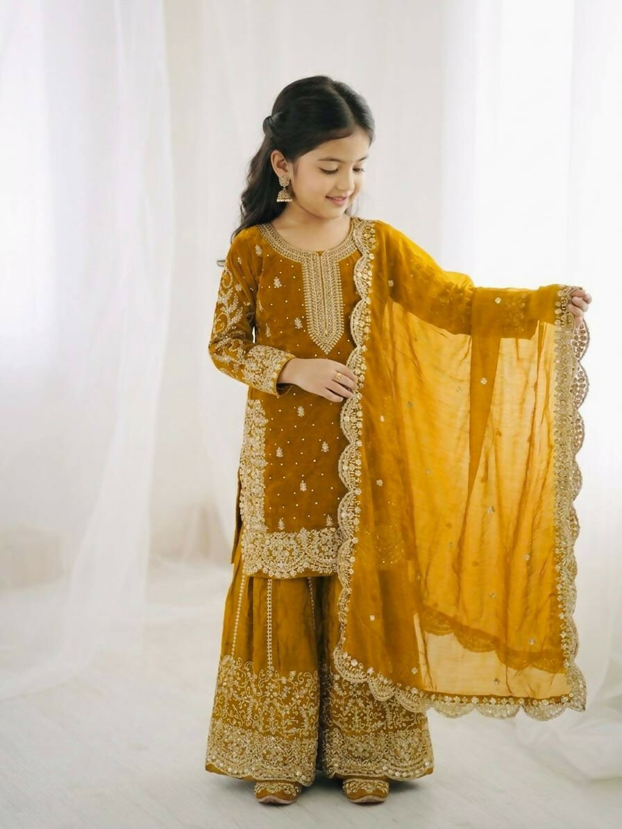Teeya Creation New Trendy Fully Stitched Ready to Wear Kids Kurta Palazzo Set-Yellow | Grocsy