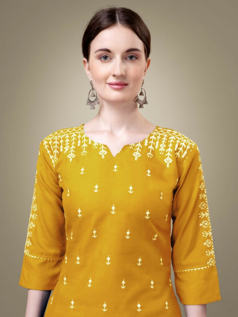 Jyoti Fashion Women's Yellow Cotton Blend Embroidery & Sequence work Kurta with Trouser & Dupatta | Grocsy