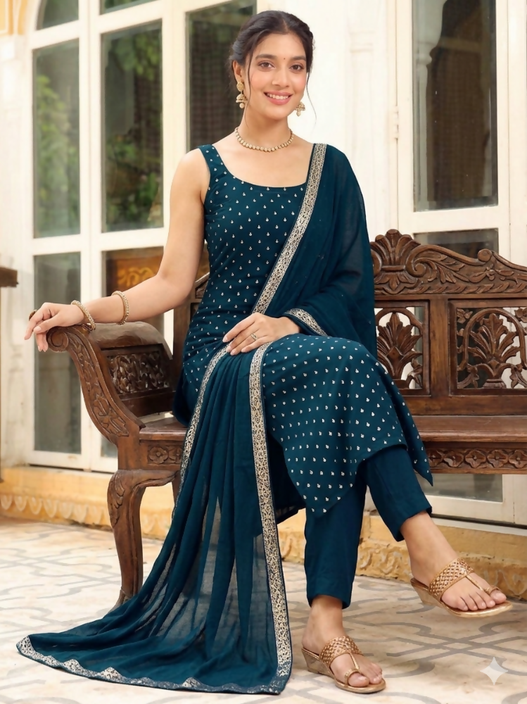 Teeya Creation Womens New Elegant Teal Embroidered Kurti with Matching Bottom Set | Grocsy