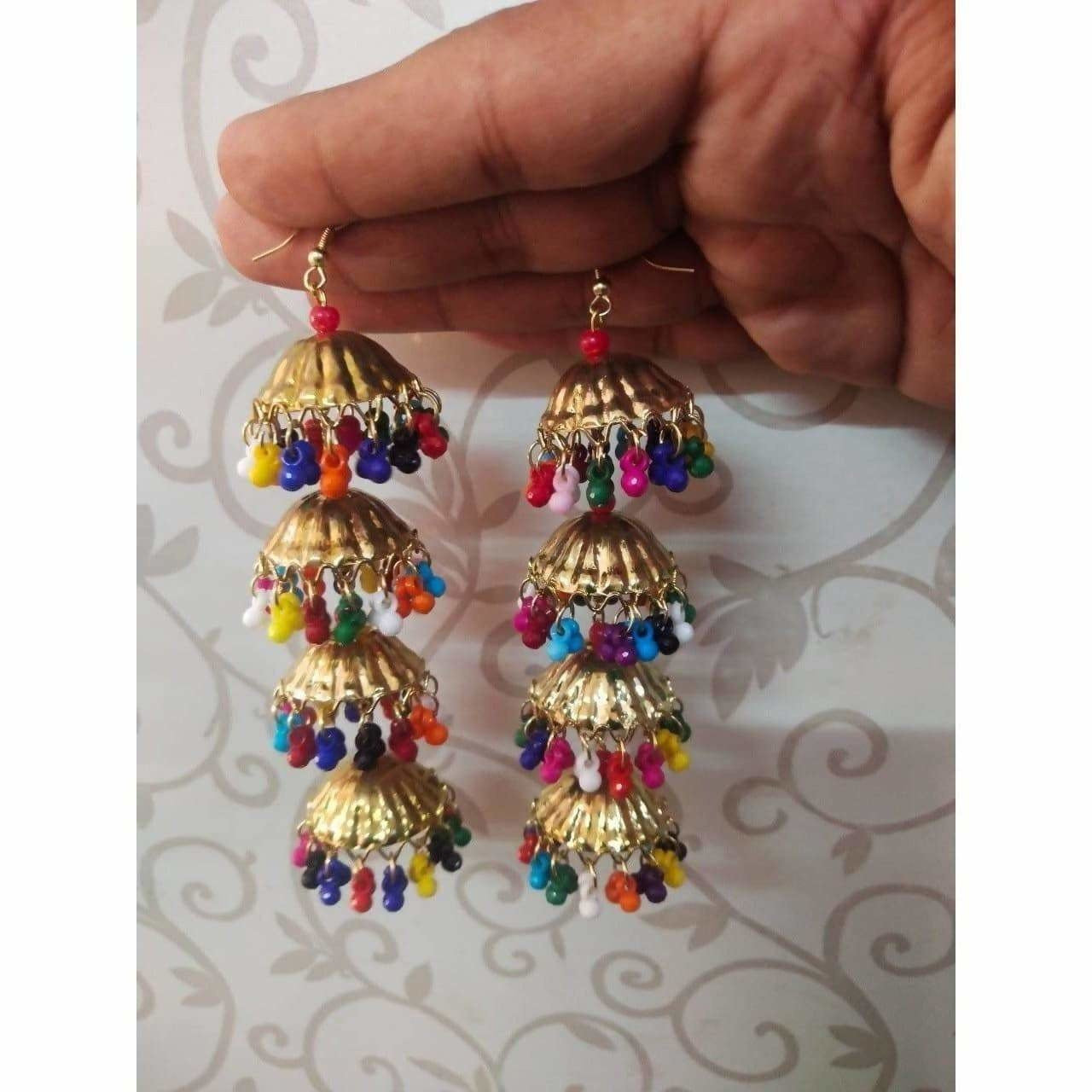 MS Fashion India Gold Color Umbrella Design With Multi Color Drops And Danglers Jhumka Earrings | Grocsy