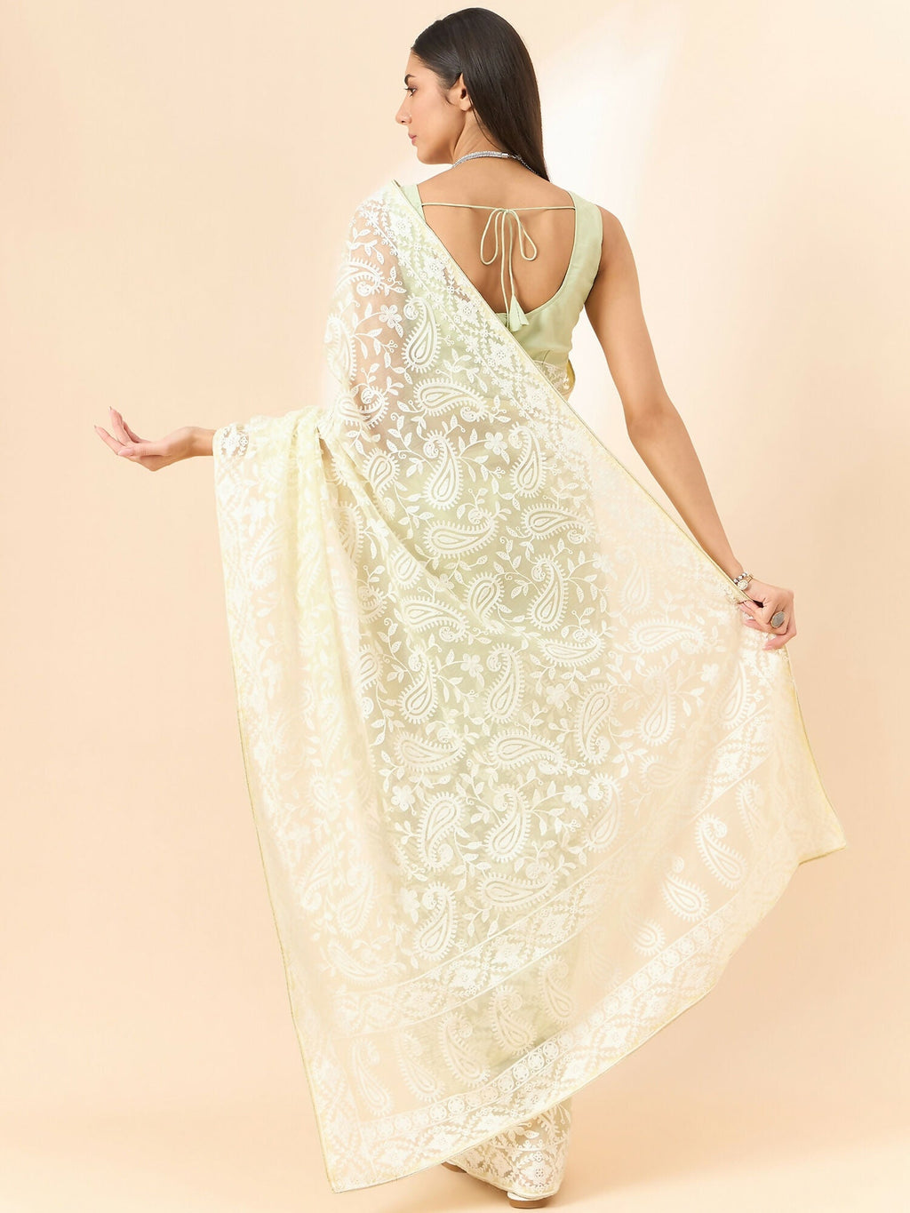 Yellow Organza Paisely Embroidered Saree with Unstitched Blouse Piece - Roozal | Grocsy