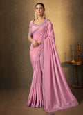 Pink Crepe Georgette Silk Cord Embroidered with Swaroski Work Saree With Unstitched Blouse Piece - Norita Royal Erisha | Grocsy
