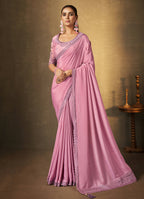 Pink Crepe Georgette Silk Cord Embroidered with Swaroski Work Saree With Unstitched Blouse Piece - Norita Royal Erisha | Grocsy