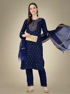 Jyoti Fashion Women's Navy Blue Cotton Magic Slub Embroidery & Sequence work Kurta with Trouser & Dupatta | Grocsy