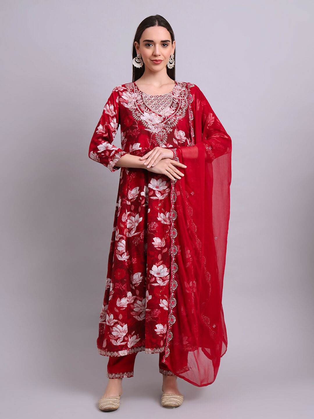 Joban Fashion Mahroon Cotton Floral Printed & Embroidery Work Anarkali Kurta With Trousers & Dupatta Set | Grocsy