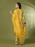 Myshka Women's Yellow Printed Cotton Straight Party Kurta Set With Dupatta | Grocsy
