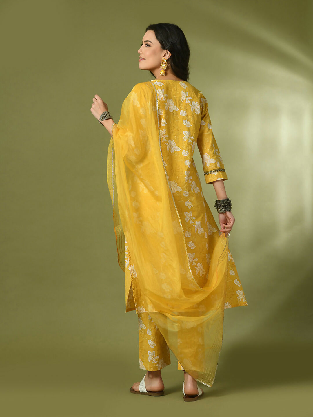 Myshka Women's Yellow Printed Cotton Straight Party Kurta Set With Dupatta | Grocsy