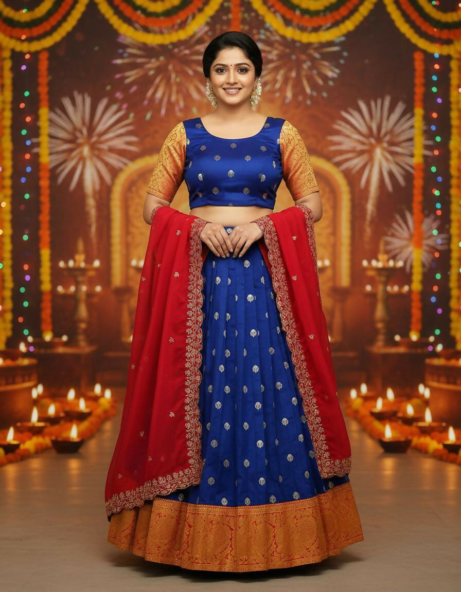 Teeya Creation New Trendy Stylist South Style Lehenga Choli Set - Blue | Grocsy