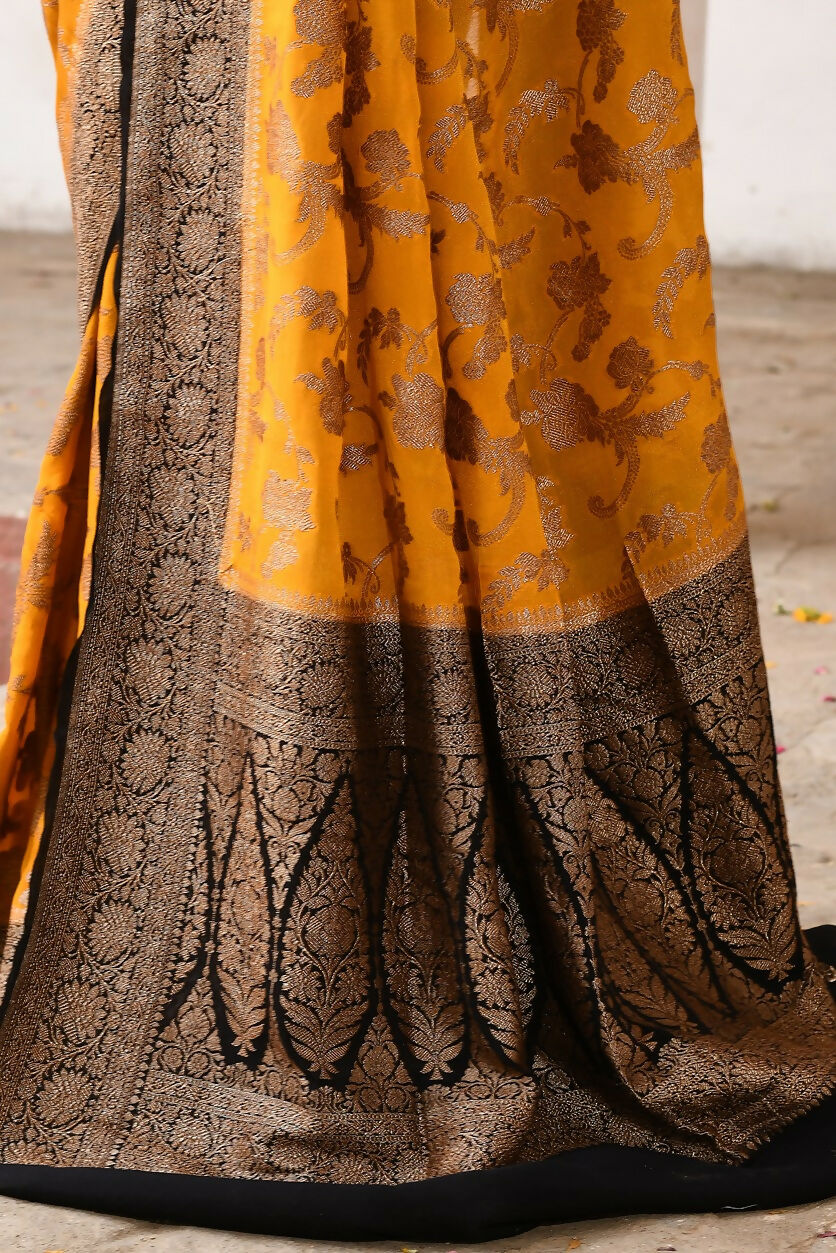 Joban Fashion Yellow Crepe Chiffon Pure Handloom Banarasi Silk Saree | Grocsy
