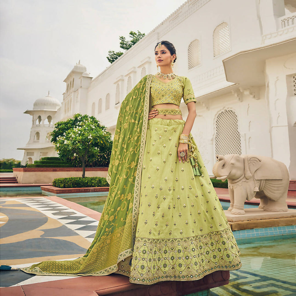 Olive Green Heavy Viscose Khatli, Embroidery & Mirror Work Unstitched Lehenga Choli - Sisha Keshav | Grocsy
