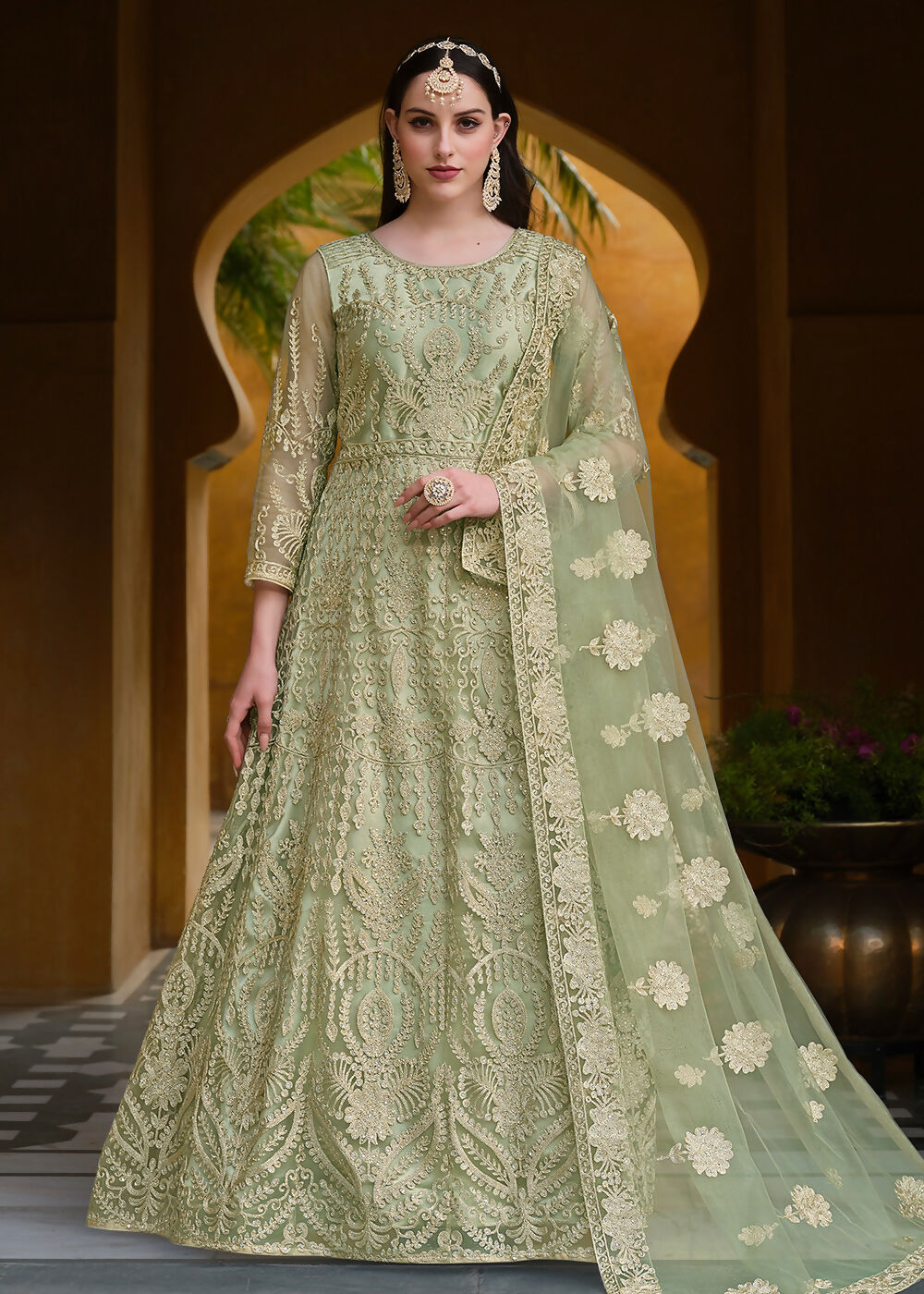 Pista Green Pure Butterfly Net Wedding Wear Anarkali Suit - Emponline | Grocsy