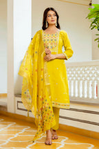 The52 Yellow Women's Beautiful Embroidered Viscose Shimmer Fabric with Straight Kurta, Pant and Dupatta Set | Grocsy