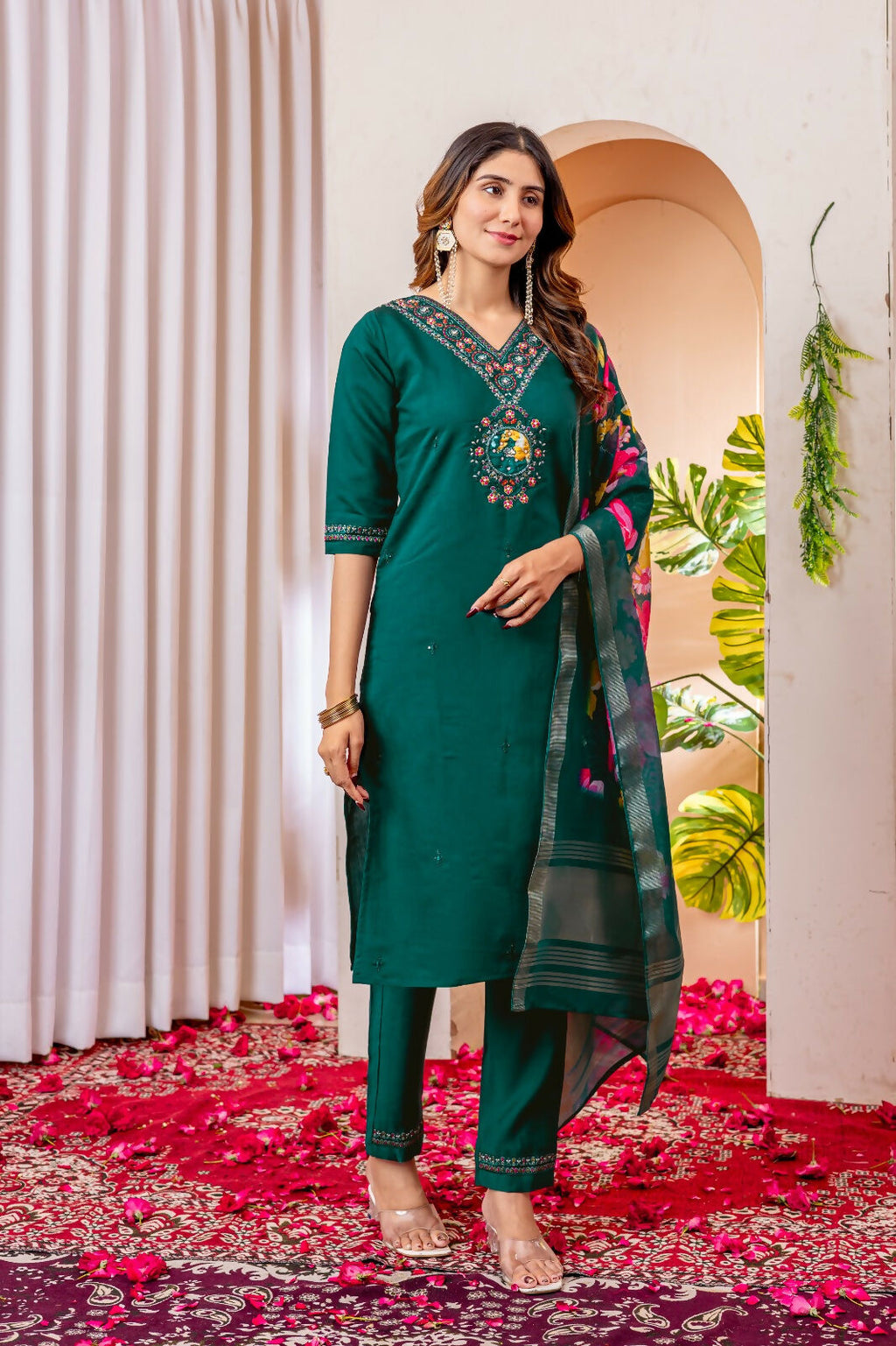 Teeya Creation Womens Rama Green Embroidered Kurta Pant Set | Grocsy