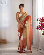 Choco and Orange Crunchy Crush Pedding Color Embroidery Work Party Wear Saree - Zuleika | Grocsy
