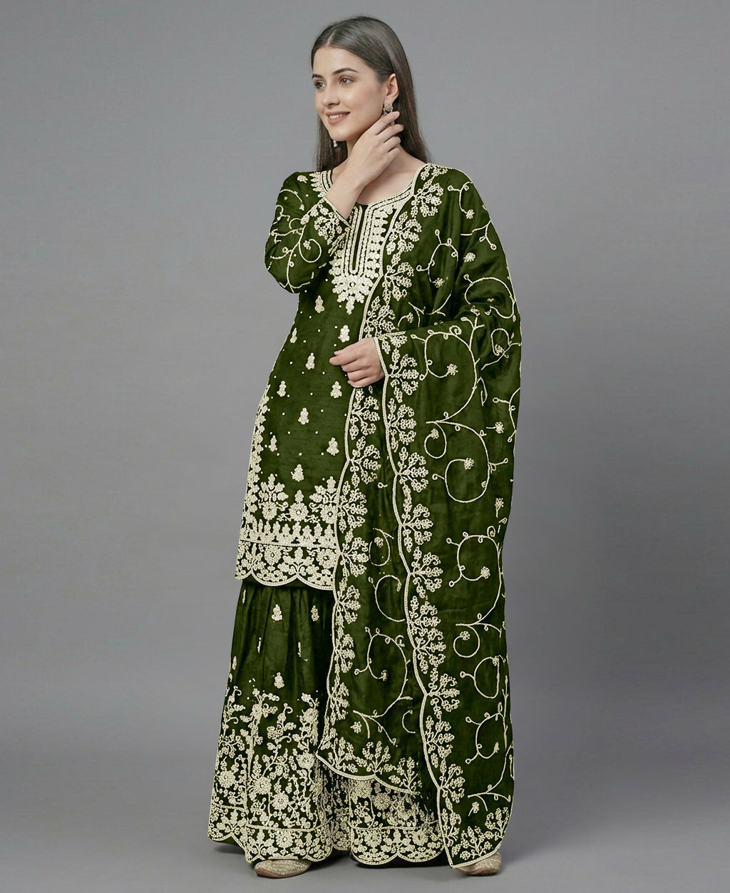 Teeya Creation Womens New Trendy Pure Gmy Silk With Heavy Embroidery Sequence Work Mehendi Kurta Set | Grocsy