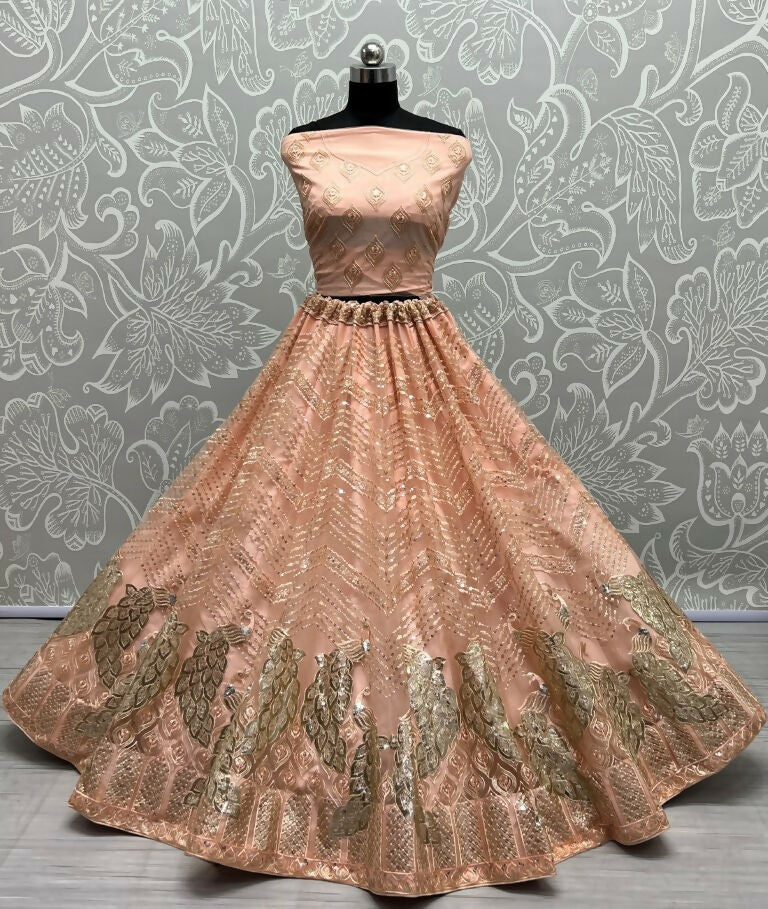 Jyoti Fashion Women's Peach Bridal Net Fancy Foil & Sequins with Multi Thread Embroidered Wedding Lehenga Choli | Grocsy