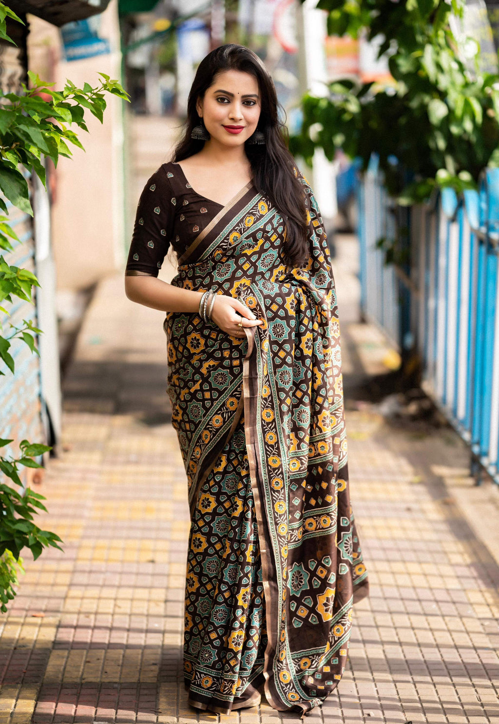 Coffee Cotton Blend Ajrak Saree with Unstitched Blouse - Hiral Fashion | Grocsy