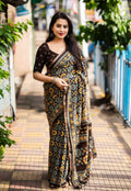 Coffee Cotton Blend Ajrak Saree with Unstitched Blouse - Hiral Fashion | Grocsy