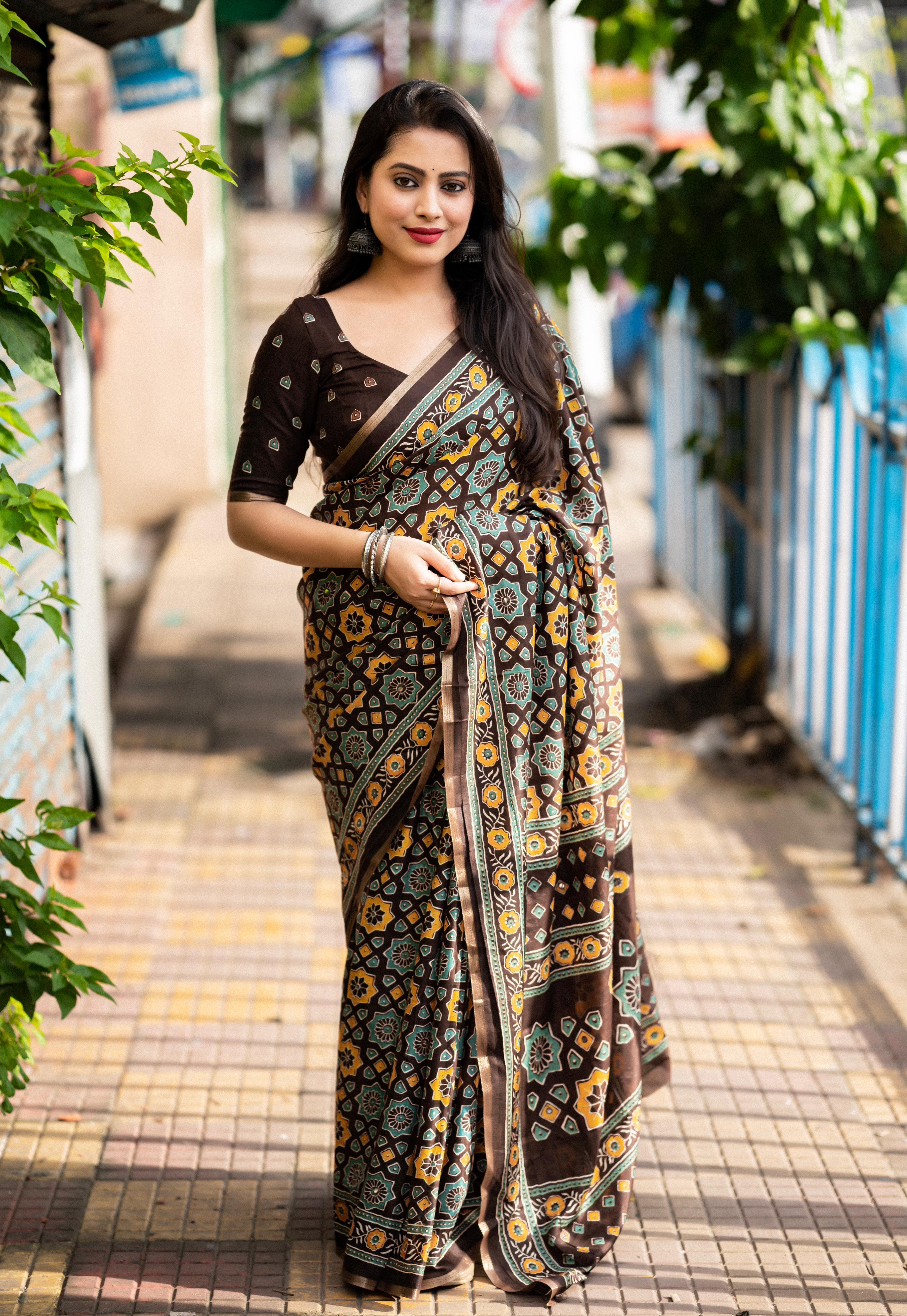 Coffee Cotton Blend Ajrak Saree with Unstitched Blouse - A2M | Grocsy