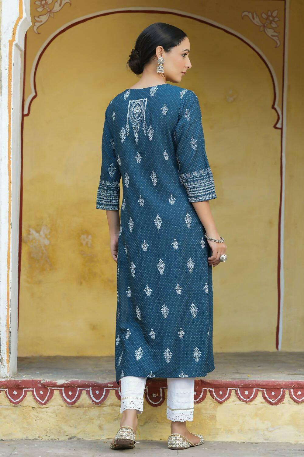 Juniper Women's Blue Rayon Staple Printed Straight Kurta | Grocsy