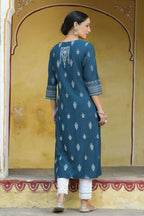 Juniper Women's Blue Rayon Staple Printed Straight Kurta | Grocsy