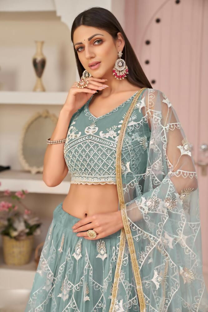 Aastha Fashion Ocean Blue Butterfly Net White Cotton Thread Work, Zari Work And Sandwich Sequence Work Embroidery Wedding Wear Lehenga Choli | Grocsy