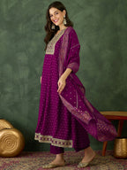 The52 Wine Women's Gorgeous Embroidered Work Vichitra Silk Fabric Flared Kurta Pant and Dupatta Set | Grocsy