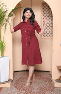 Miravan Womens Maroon Solid A-Line Dress With Belt | Grocsy
