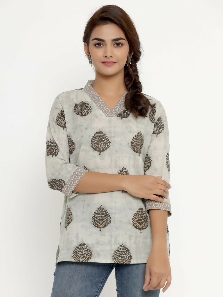 Miravan Women's Brown Floral Printed Pure Cotton Tunic | Grocsy