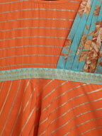 Ahalyaa Orange Crepe Gold Striped Printed Kids Dress Kurta With Attached Dupatta For Girls | Grocsy