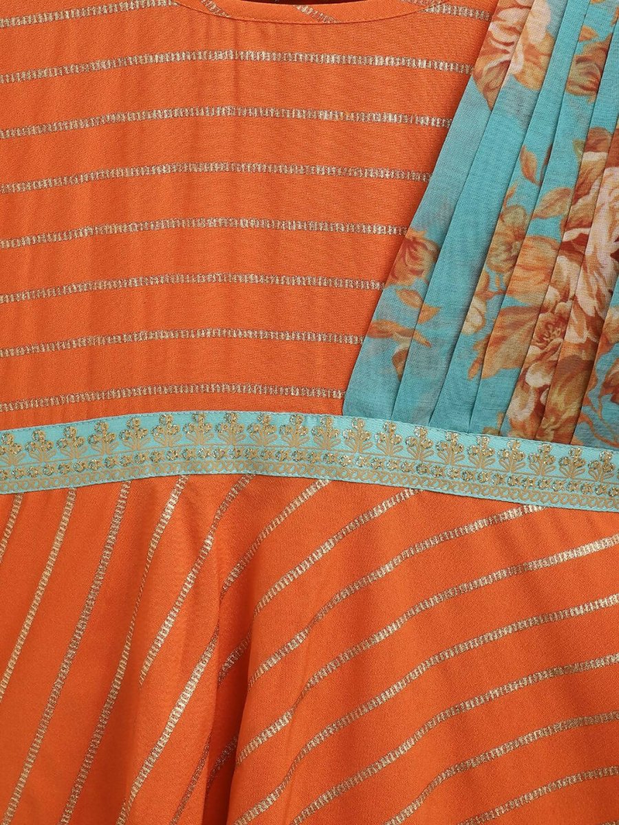 Ahalyaa Orange Crepe Gold Striped Printed Kids Dress Kurta With Attached Dupatta For Girls | Grocsy