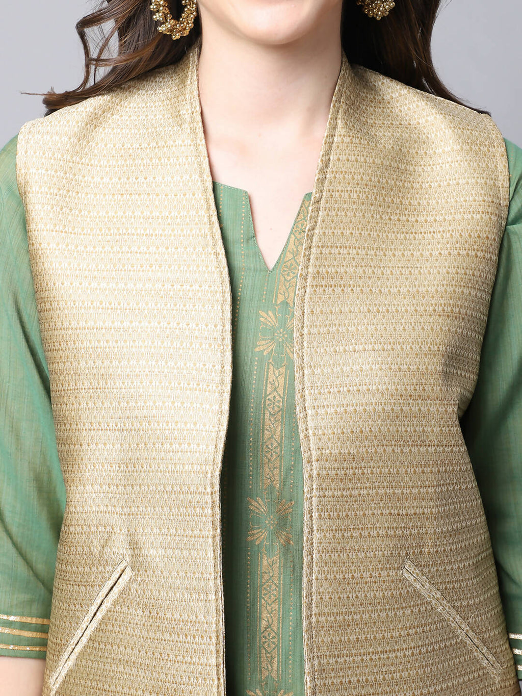 Even Apparels Beige Bansari Silk Open Front Gillet | Grocsy
