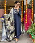 The52 Navy Blue Women's Beautiful Viscose Chanderi Fabric Embroidered Work Straight Kurta Pant and Dupatta Set | Grocsy