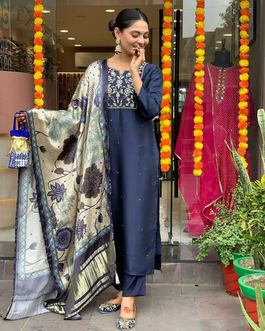 The52 Navy Blue Women's Beautiful Viscose Chanderi Fabric Embroidered Work Straight Kurta Pant and Dupatta Set | Grocsy
