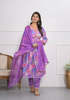 Lavender Muslin silk Embroidery with Thread and sequence Stitched Suit With Dupatta - Tanisha | Grocsy
