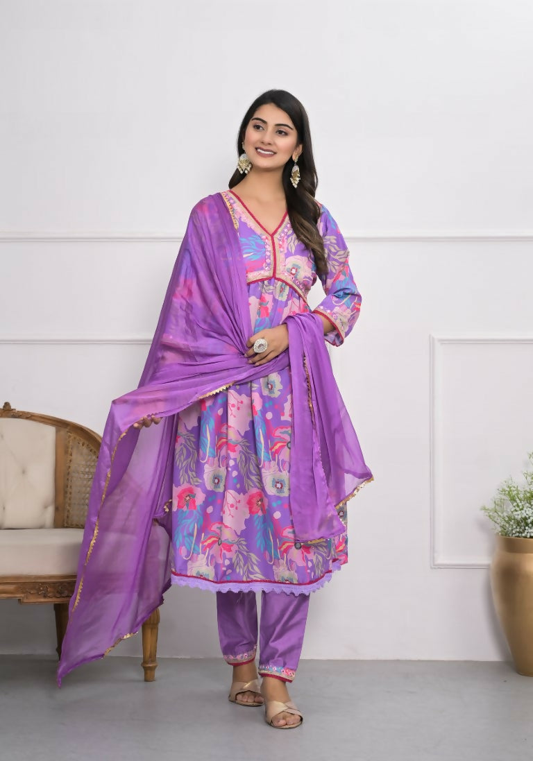 Lavender Muslin silk Embroidery with Thread and sequence Stitched Suit With Dupatta - Tanisha | Grocsy