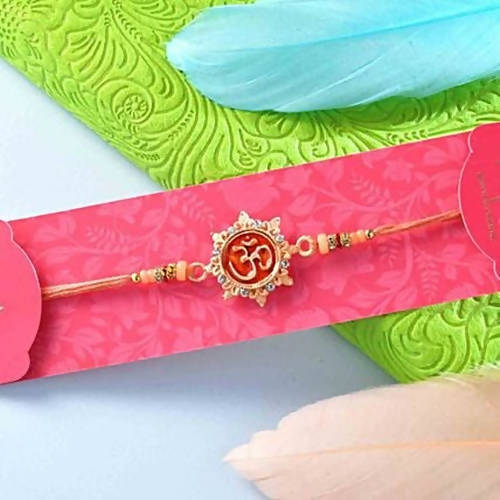 Auspicious Peach Om Rakhi & Batisha Slice Combo | Grocsy