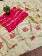 Teeya Creation Cream Rangoli Silk Embroidery Work Party Wear Designer Saree | Grocsy
