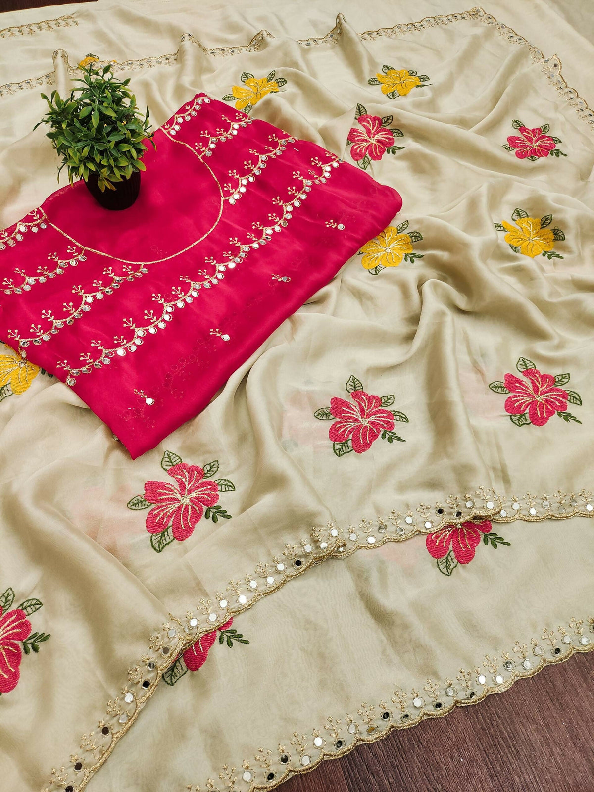 Teeya Creation Cream Rangoli Silk Embroidery Work Party Wear Designer Saree | Grocsy