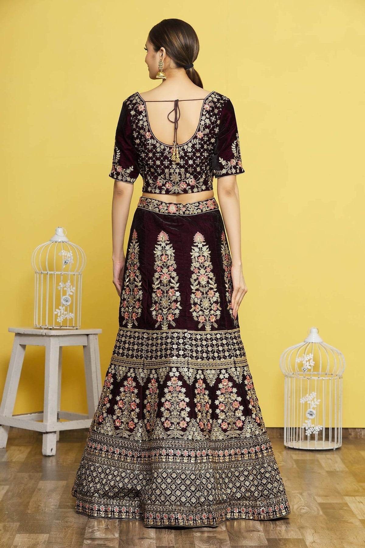 Wine Velvet Semi-Stitched Wedding Bridal Lehenga - Nimaya | Grocsy