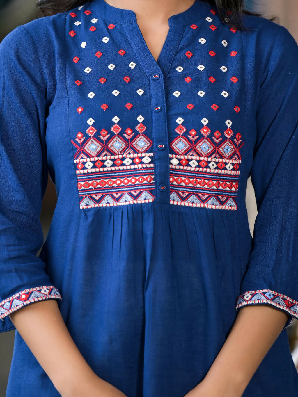 Juniper Women's Blue Solid Cotton Short Tunic With Thread & Mirror Work | Grocsy