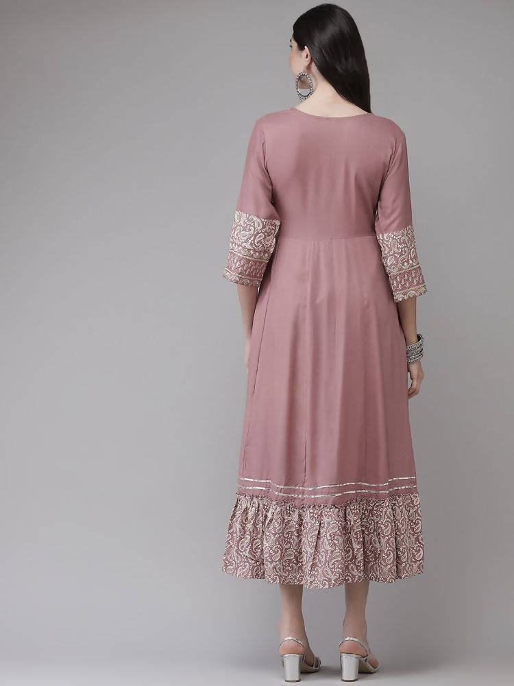 Yufta Pink Embroidered Ethnic Midi Dress | Grocsy