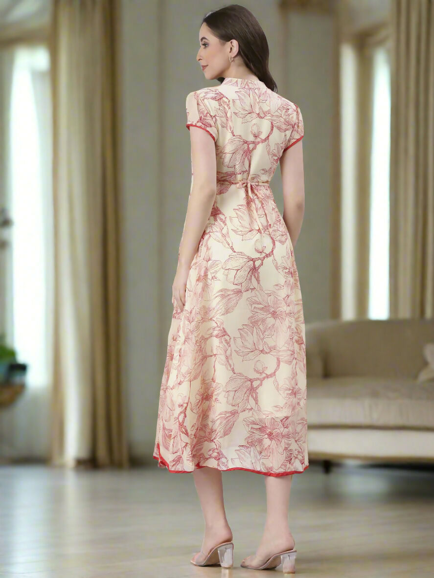 Souchii Floral Tiered Midi Dress For Women – Elegant Beige Button-Front A-Line | Grocsy
