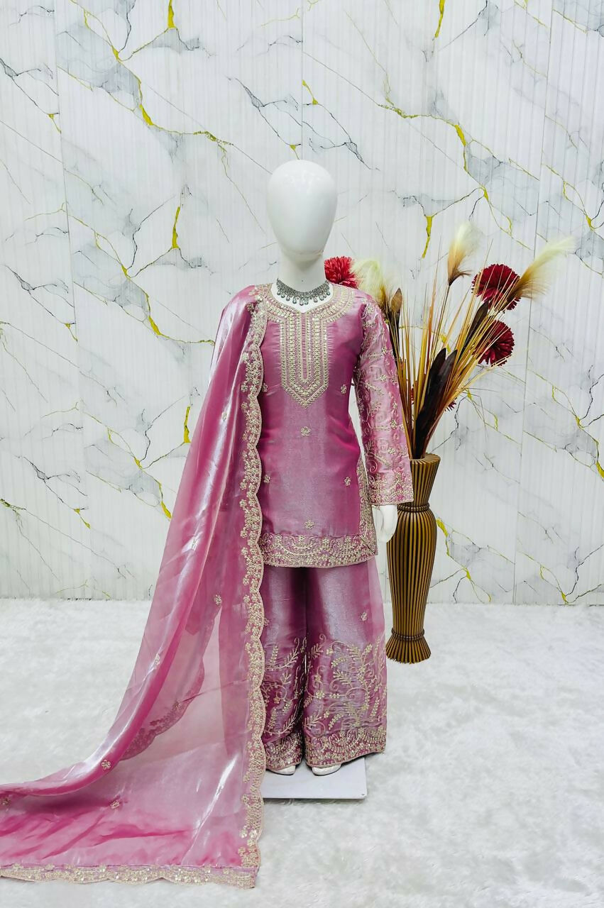 Teeya Creation New Kids Wedding Wear Heavy Embroidery Sequence Work Kurta Sharara Set-Pink | Grocsy
